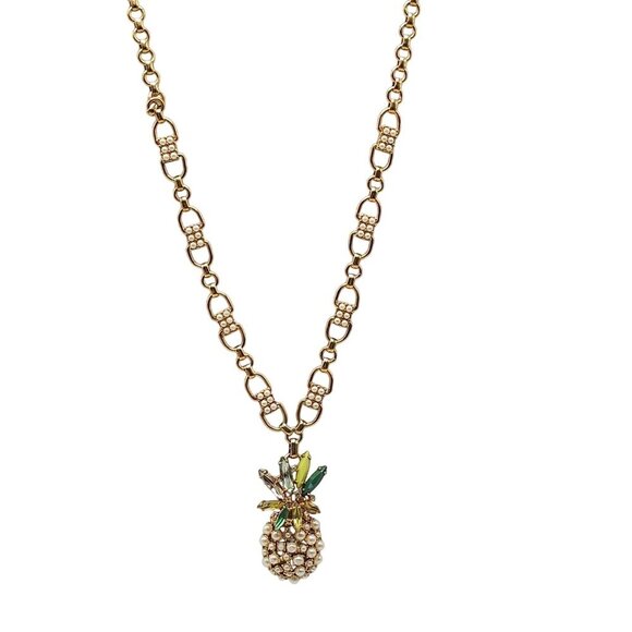 Ann Taylor Pearl Cluster Pineapple Green Rhinestone Gold Tone Long Necklace - Picture 1 of 7